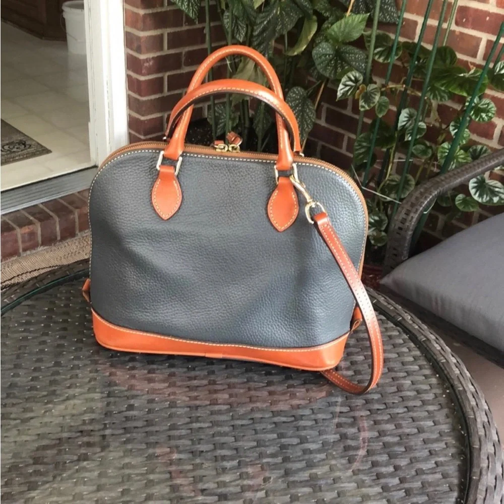 Dooney and Bourke Grey Pebbled Tan Leather Zip Zip Satchel Bag